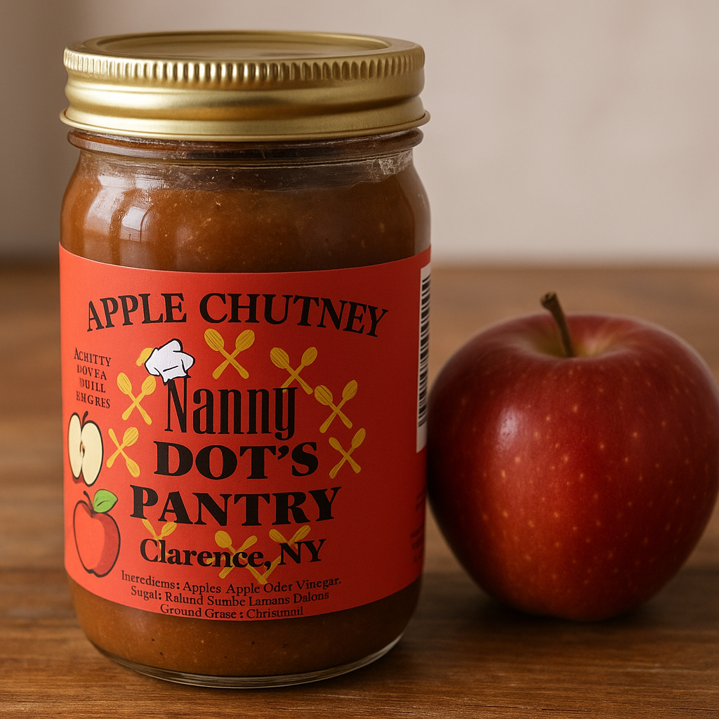 Jar of Apple Chutney from Nanny Dot's Pantry with an apple on a wooden surface