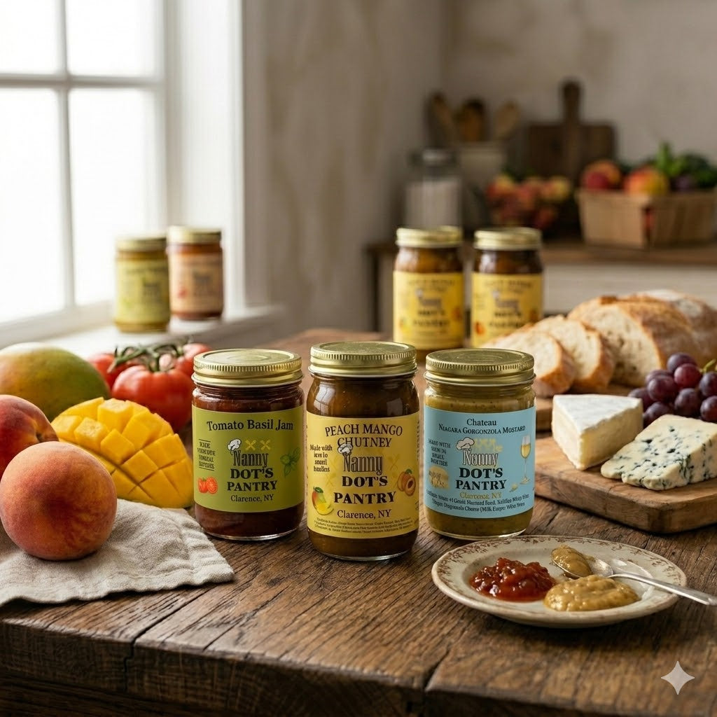 Jars of Dots Pantry products on a wooden table with fruits and bread in the background.