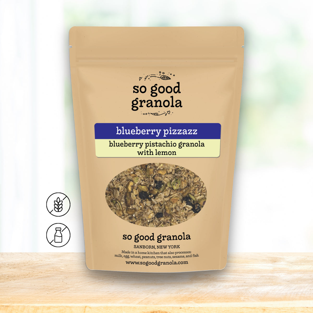 Brown package of 'so good granola' with a label on a light background