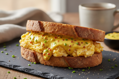 a yellow mustard with ground up bell pepper relish on egg sandawich