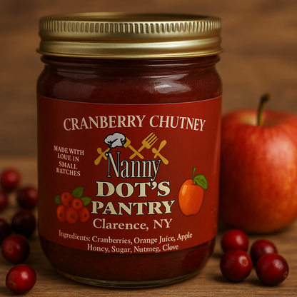 Jar of Cranberry Chutney from Nanny Dot's Pantry with apples and cranberries on a wooden surface.