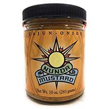 Jar of Quandt's Mustard with a black lid on a white background