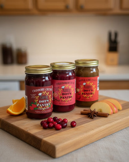 Three jars of Dottie's Pantry chutney on a wooden cutting board with fruits and spices in a kitchen setting.