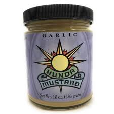 Jar of Mundor Garlic Mustard with purple label and black lid.