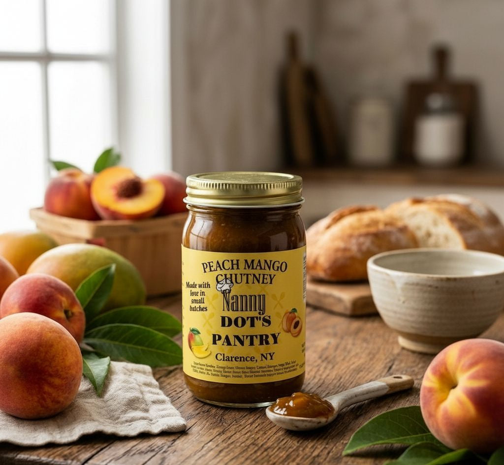 Jar of Peach Mango Chutney from Nanny Dot's Pantry on a wooden table with peaches and bread.