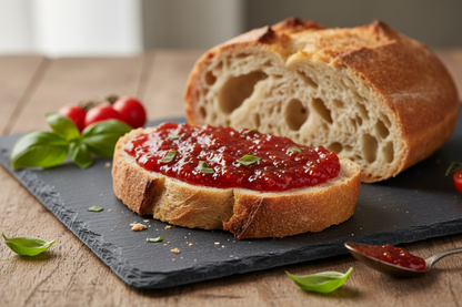 tomato basil jam on baked brea