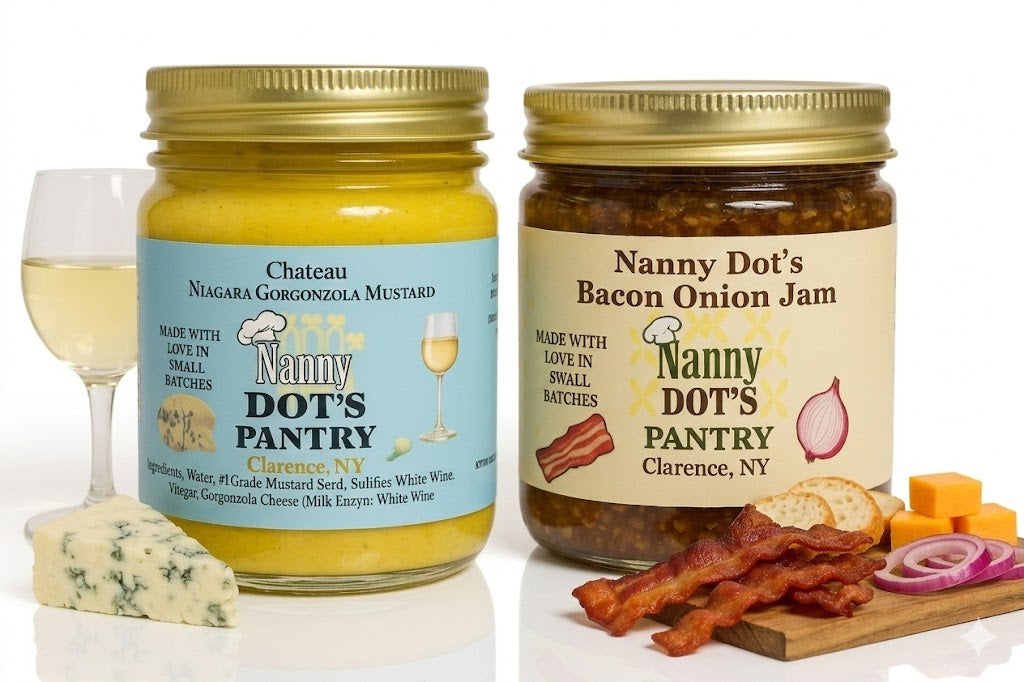 Two jars of Nanny Dot's Pantry products with a glass of white wine, cheese, and bacon on a white background.