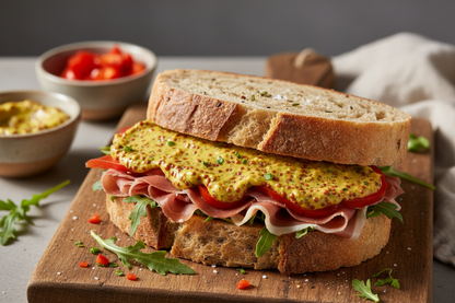 yellow mustard with ground up bell pepper on a sandwich